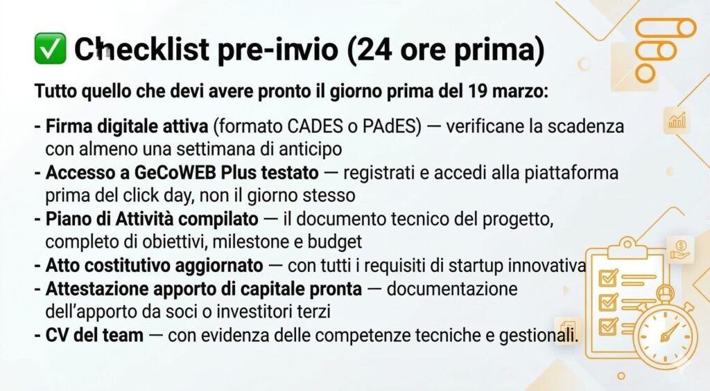 Checklist click day Bando Pre-Seed 3.0 GeCoWEB Plus 19 marzo 2026